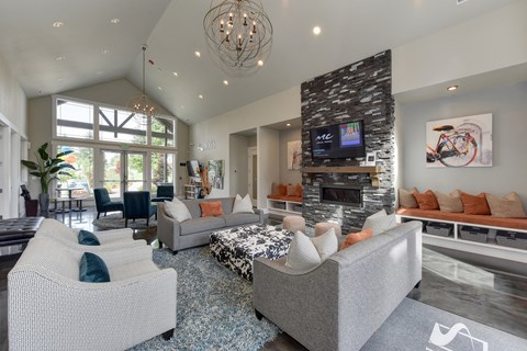 a living room with couches and a fireplace and a television